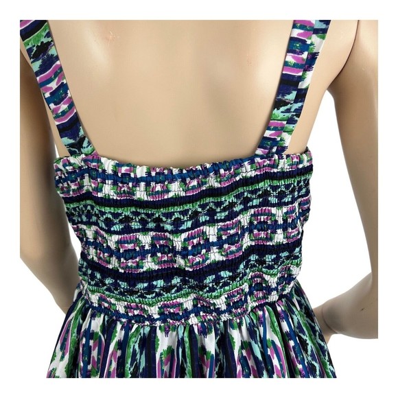 Band Of Gypsies Smocked Cutout Sun Dress Sz MED Blue Green Purple Abstract Print - Picture 5 of 8